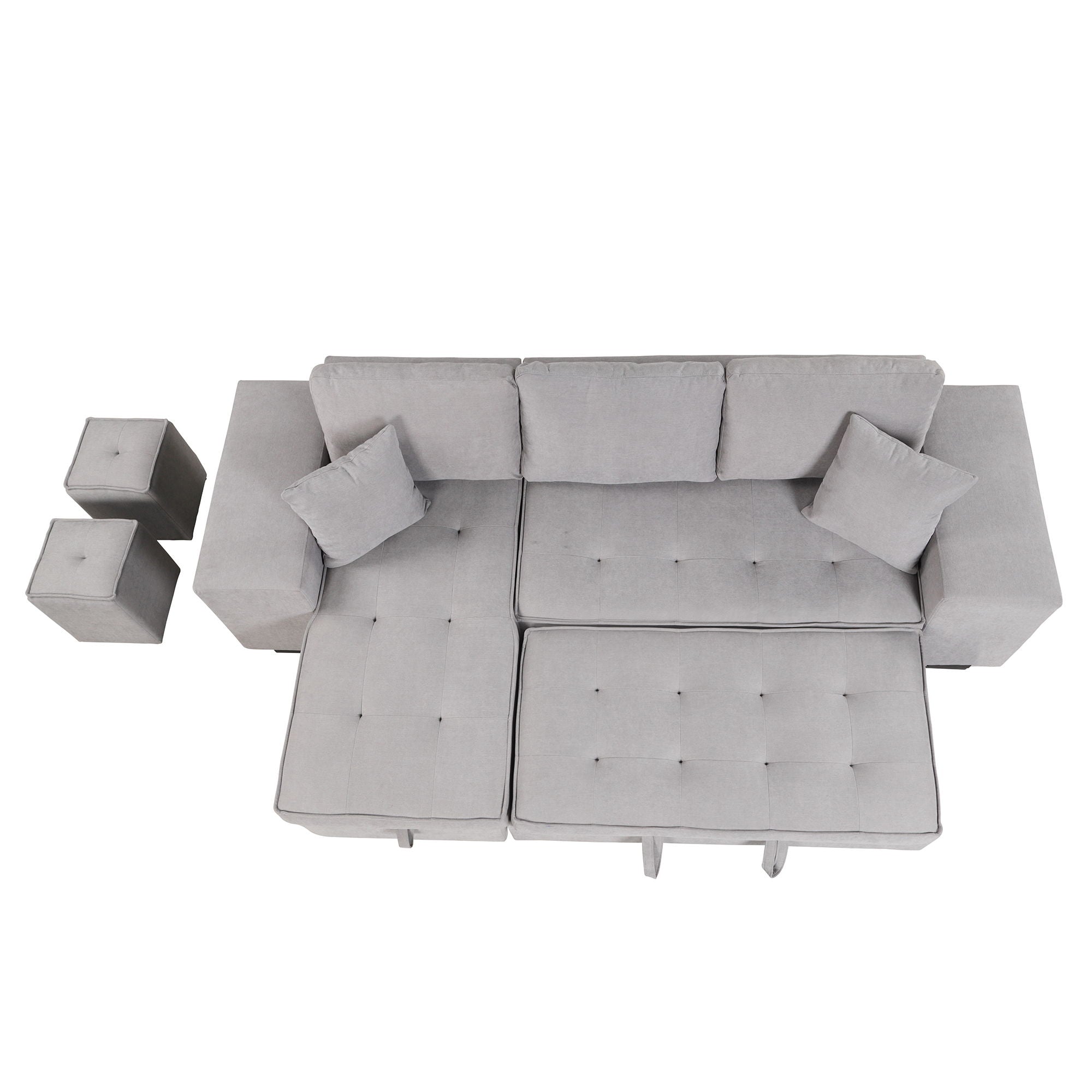 Pull Out Sleeper Sofa Reversible L-Shape 3 Seat Sectional Couch With Storage Chaise And 2 Stools For Living Room Furniture Set - Gray