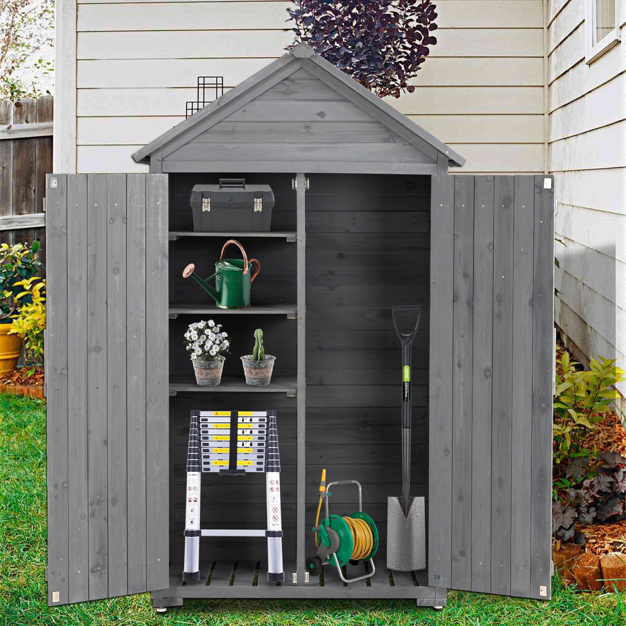 Outdoor Storage Cabinet, Garden Wood Tool Shed, Outside Wooden Shed Closet With Shelves And Latch For Yard