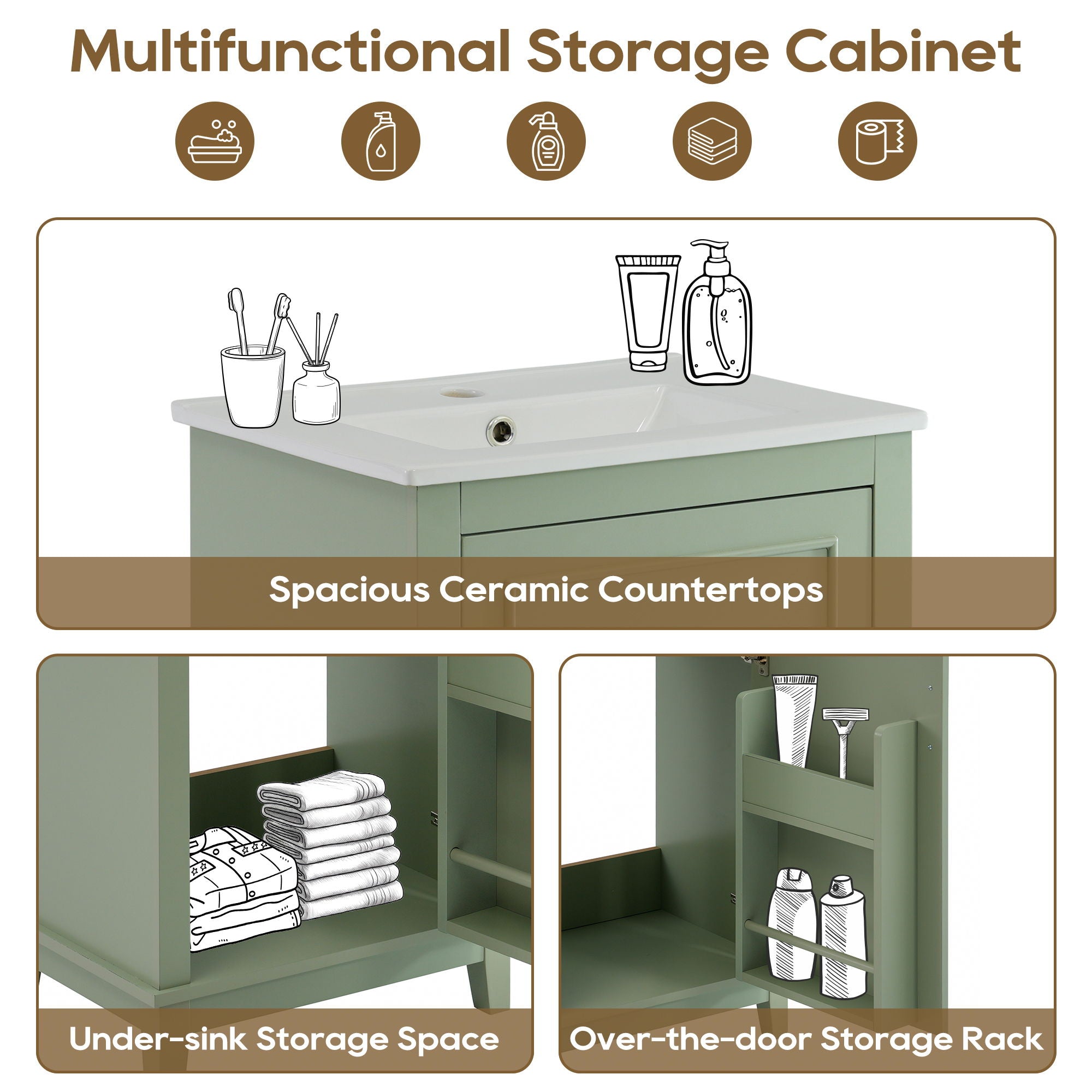 Modern Small Bathroom Vanity Cabinet With Ceramic Basin, Ample Storage, 1 Soft Close Door