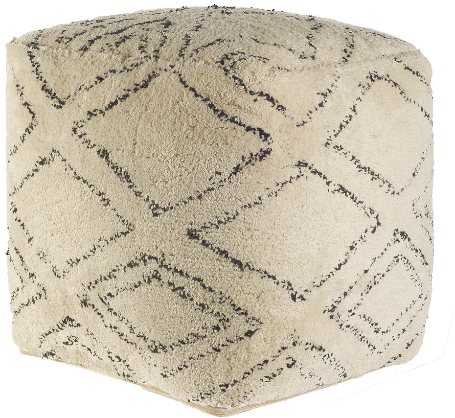 Cotton Square Pouf With Argyle Pattern - Beige