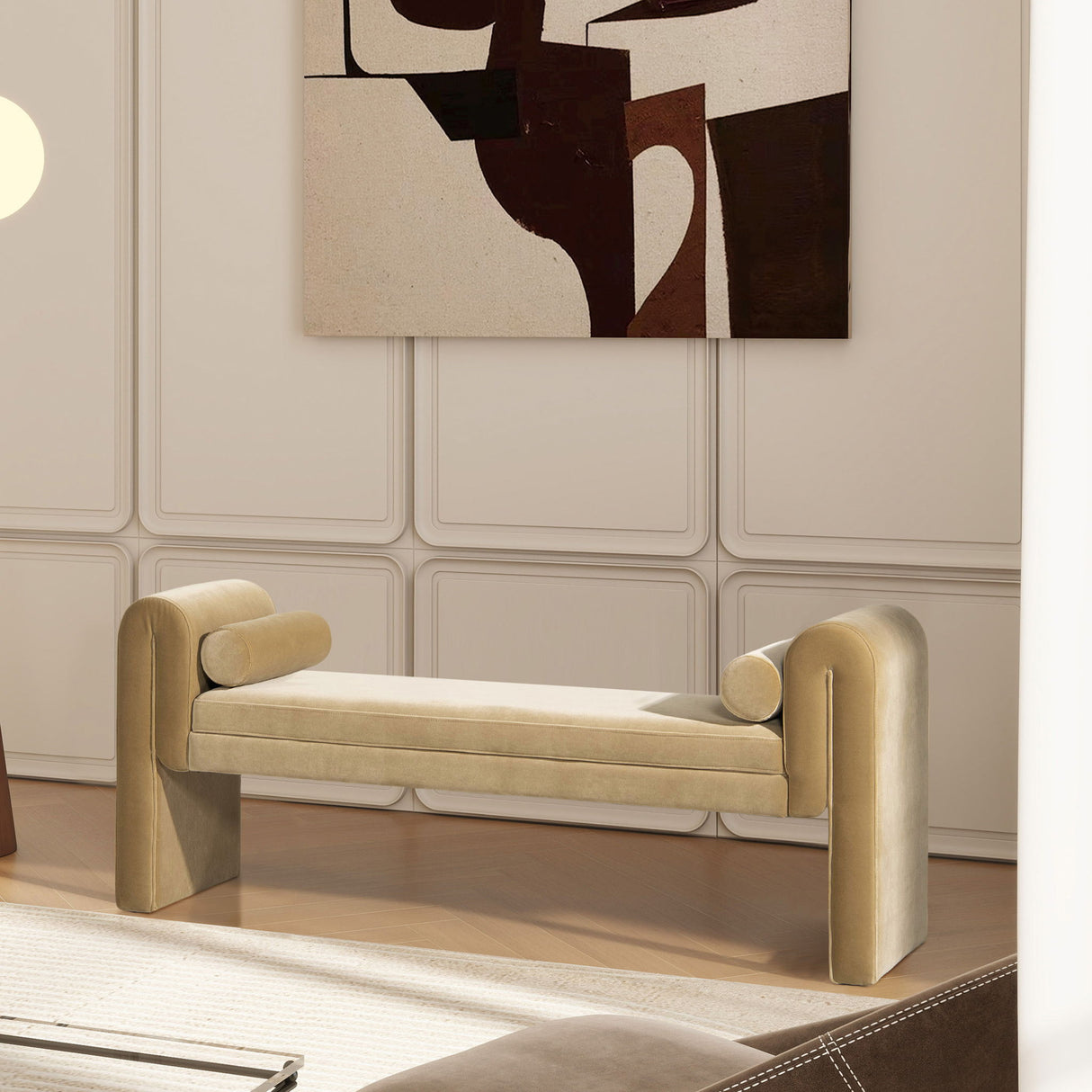 Mason - Arched Arm Bench With Bolster Pillows - Camel Brown Beige by Jennifer Taylor Home | Bel Furniture