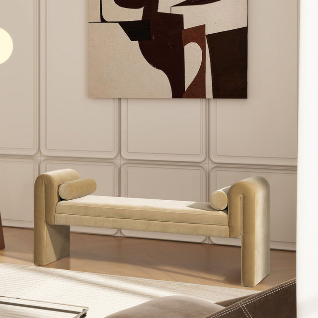 Mason - Arched Arm Bench With Bolster Pillows - Camel Brown Beige by Jennifer Taylor Home | Bel Furniture