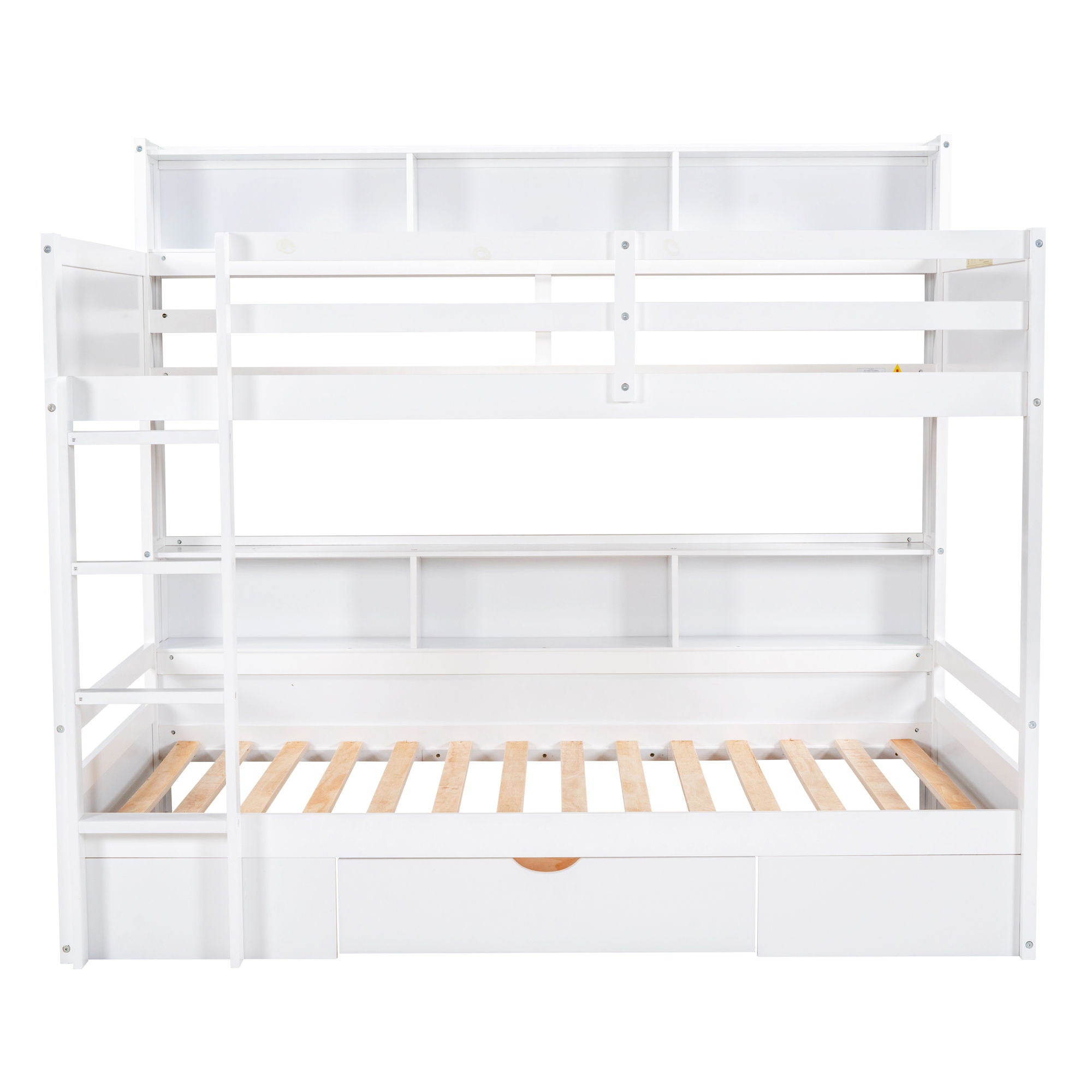 Twin Size Bunk Bed With Built-In Shelves Beside Both Upper And Down Bed And Storage Drawer