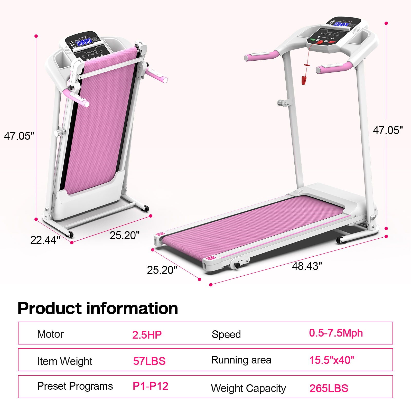 Foldable Treadmill 2.5Hp Electric Folding Treadmill Running Walking Machine For Home Gym, Max 265 Lbs Weight Capacity - Pink / White