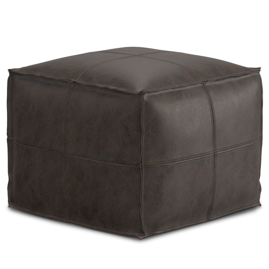 Sheffield - Square Pouf - Distressed Dark Brown by Simpli-Home | Bel Furniture