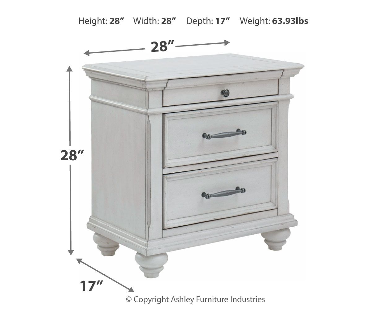 Kanwyn - Whitewash - Three Drawer Night Stand