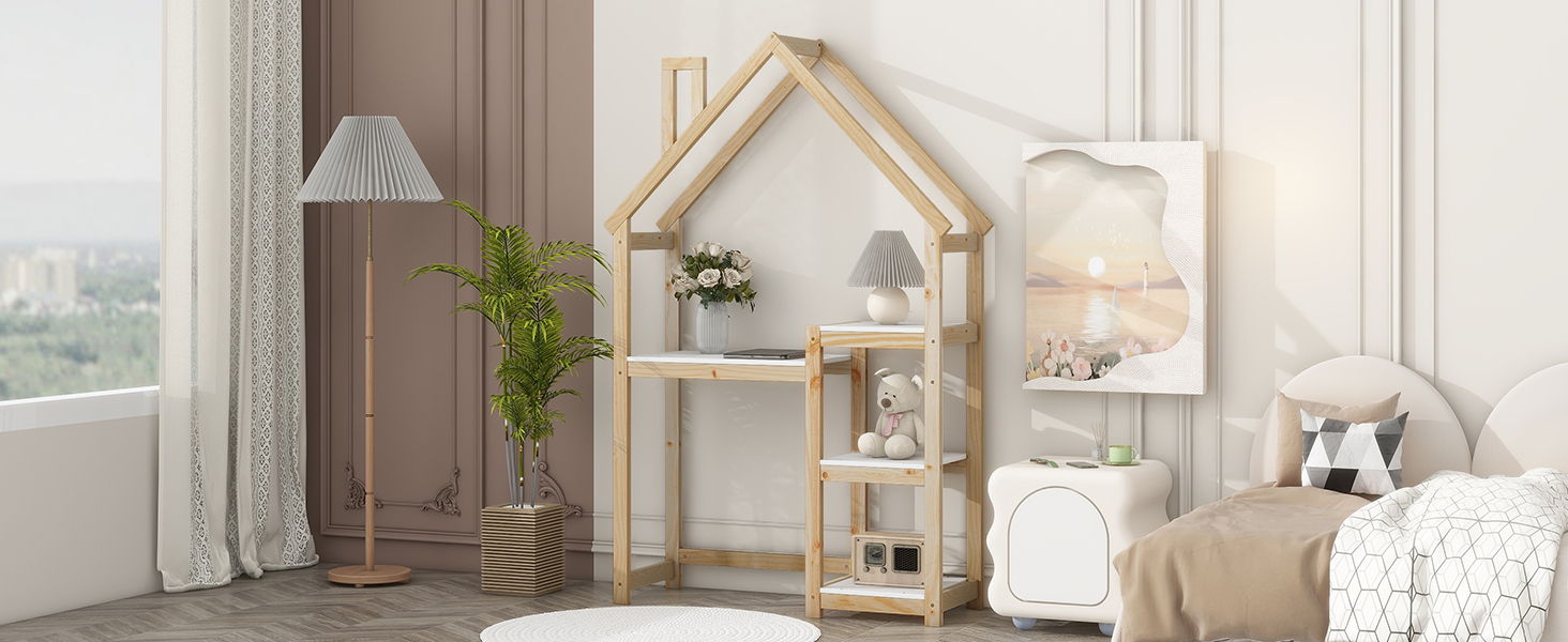 House-Shaped Wooden Writing Desk, Kids Study Table, Bookshelf & Toy Storage