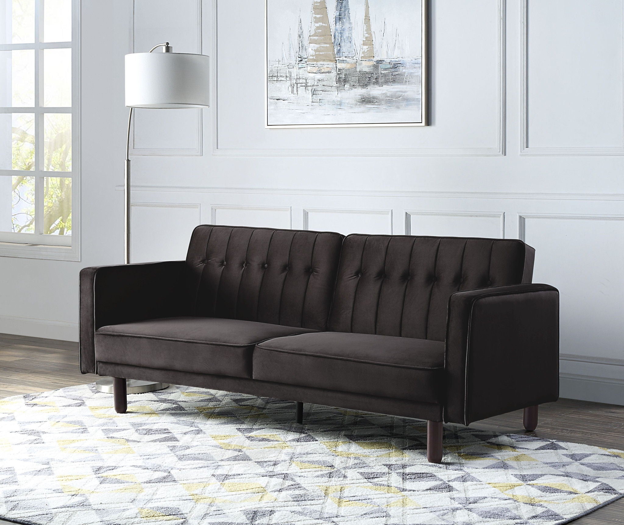 Velvet Sleeper Sofa With Black Legs - Dark Brown