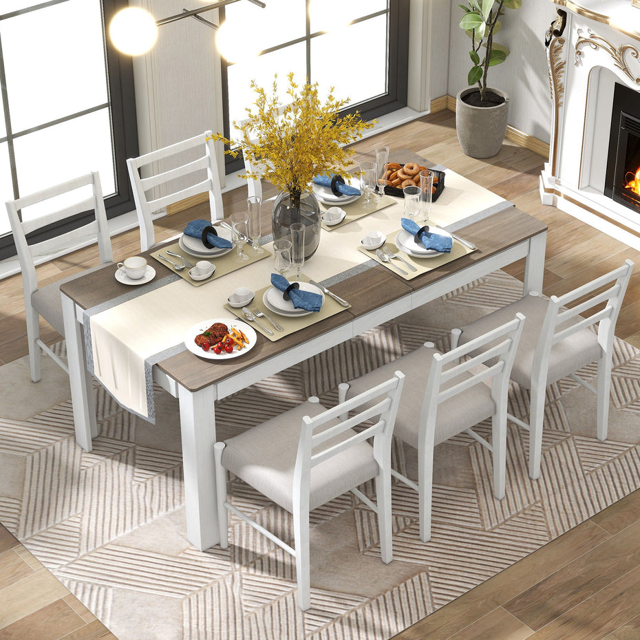 Wooden Dining Table Set Mutifunctional Extendable Table With Leaf And 2 Drawers, Dining Chairs With Soft Cushion