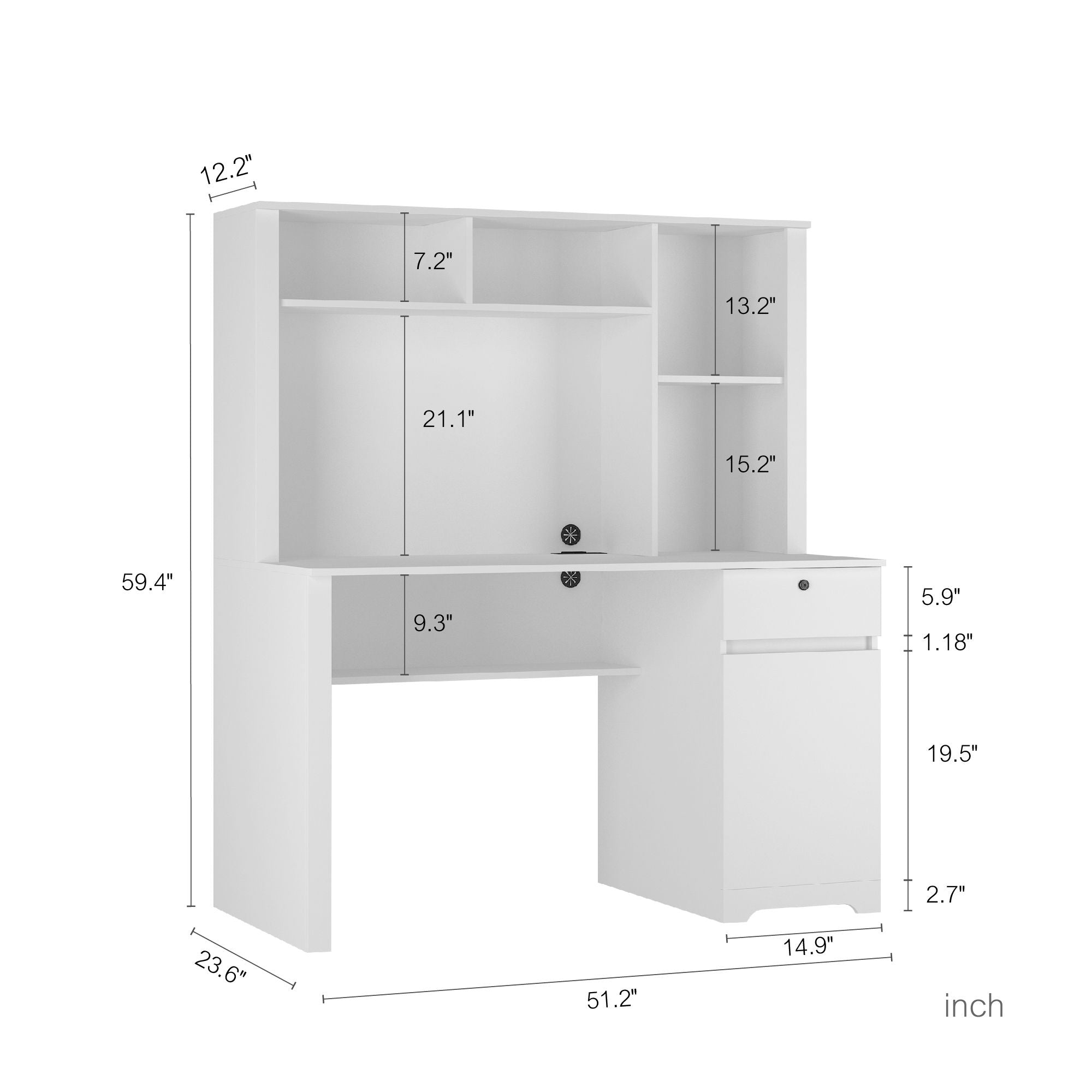 Computer Desk With Hutch & Bookshelf, Wood Executive Desk Teens Student Desk Writing Laptop Home Office Desk With Drawers, 3 Ac Outlets And 2 USB Charging Ports, Study Laptop Table For Home - White