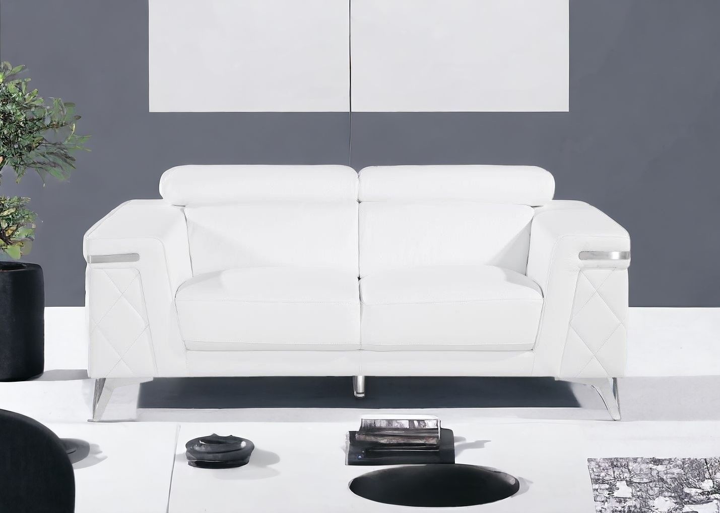 Metallic Leather Loveseat - White / Silver