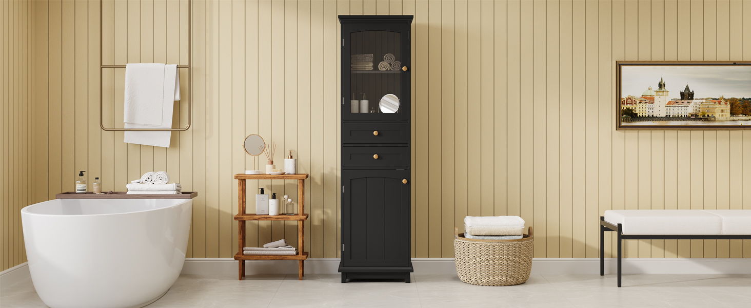 Tall Bathroom Storage Cabinet With Glass Doors, Free-Standing, Two Drawers, And Adjustable Shelves, MDF Board, Painted Perfect For Displaying Your Favorite Items