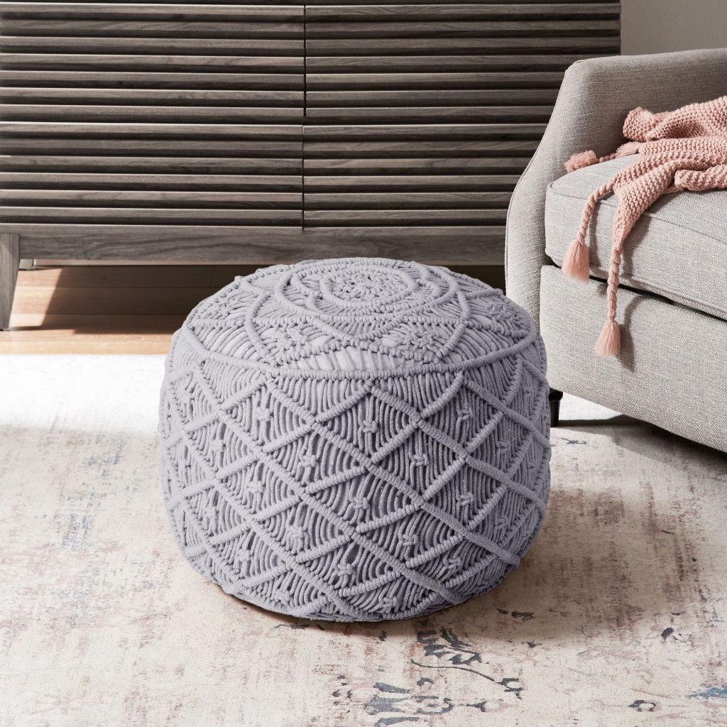 Cotton Blend Round Floral Pouf Ottoman - Light Gray