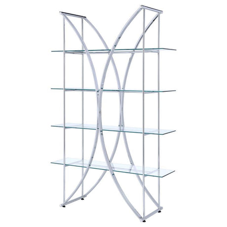 Larson - 4-Shelf Glass Bookshelf - Chrome by CoasterEssence | Bel Furniture