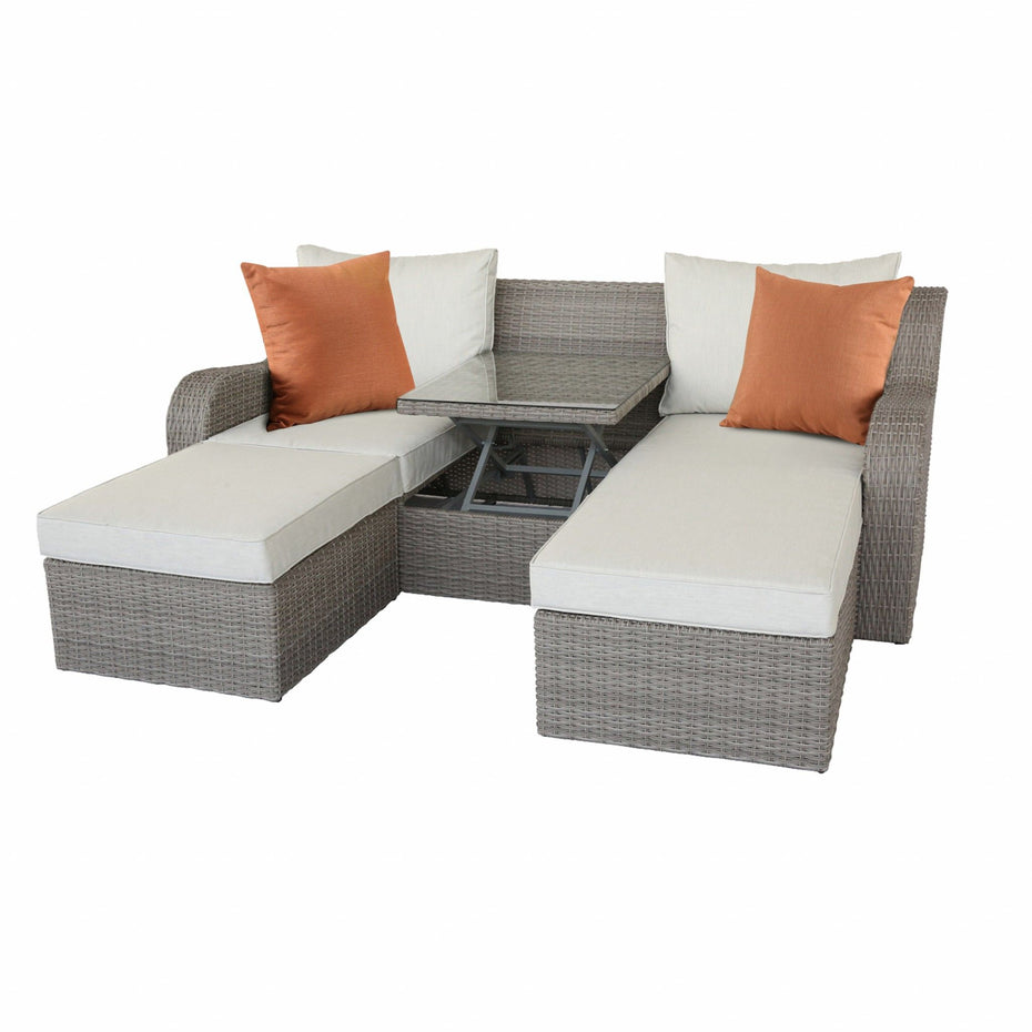 Three Piece Outdoor Wicker Sectional Seating Group With Beige Cushions - Gray