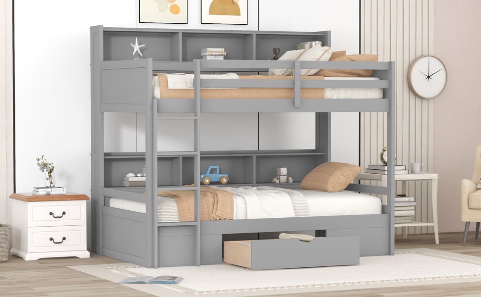 Twin Size Bunk Bed With Built-In Shelves Beside Both Upper And Down Bed And Storage Drawer