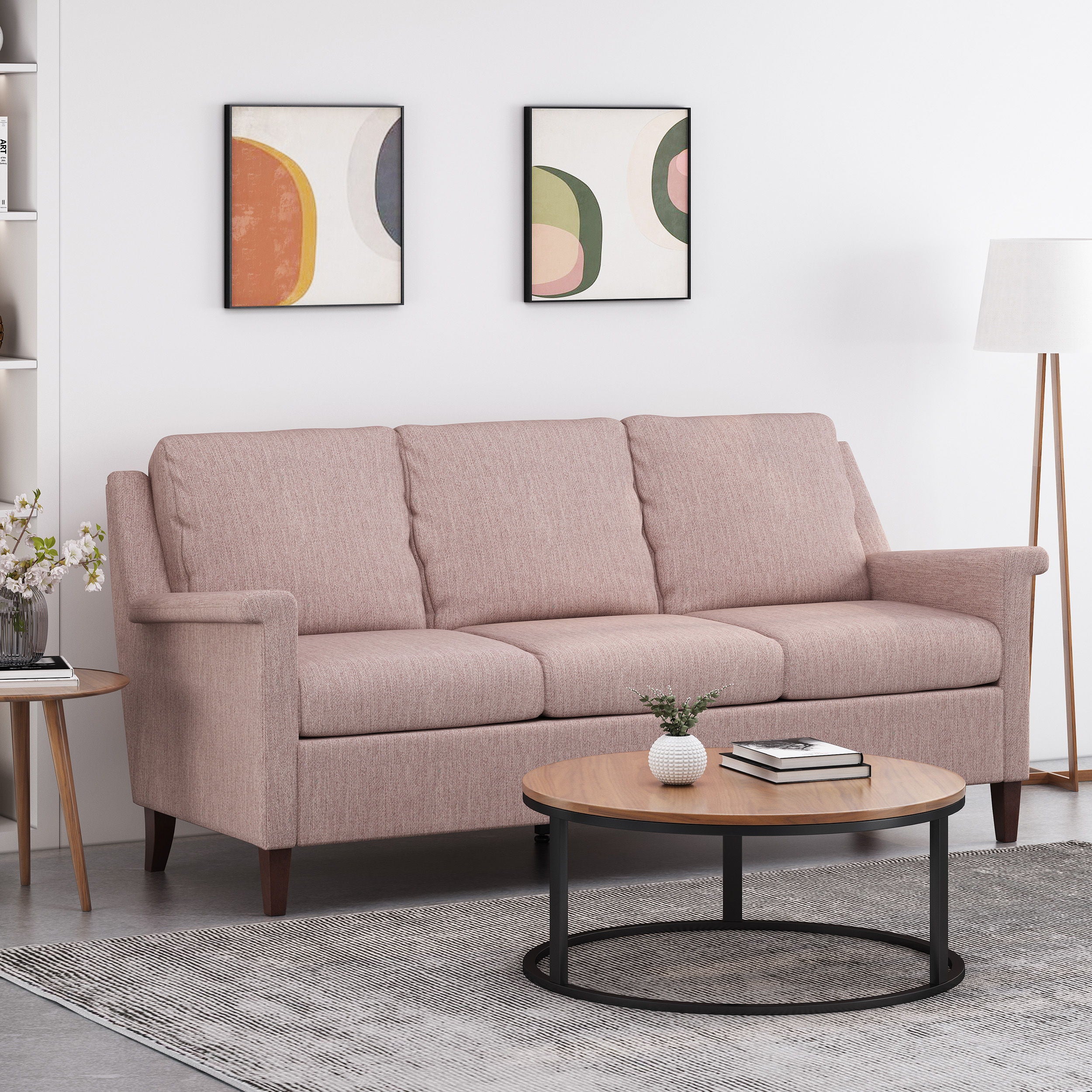 Comfy 3 Seat Sofa With Wooden Legs, For Living Room And Study - Light Pink