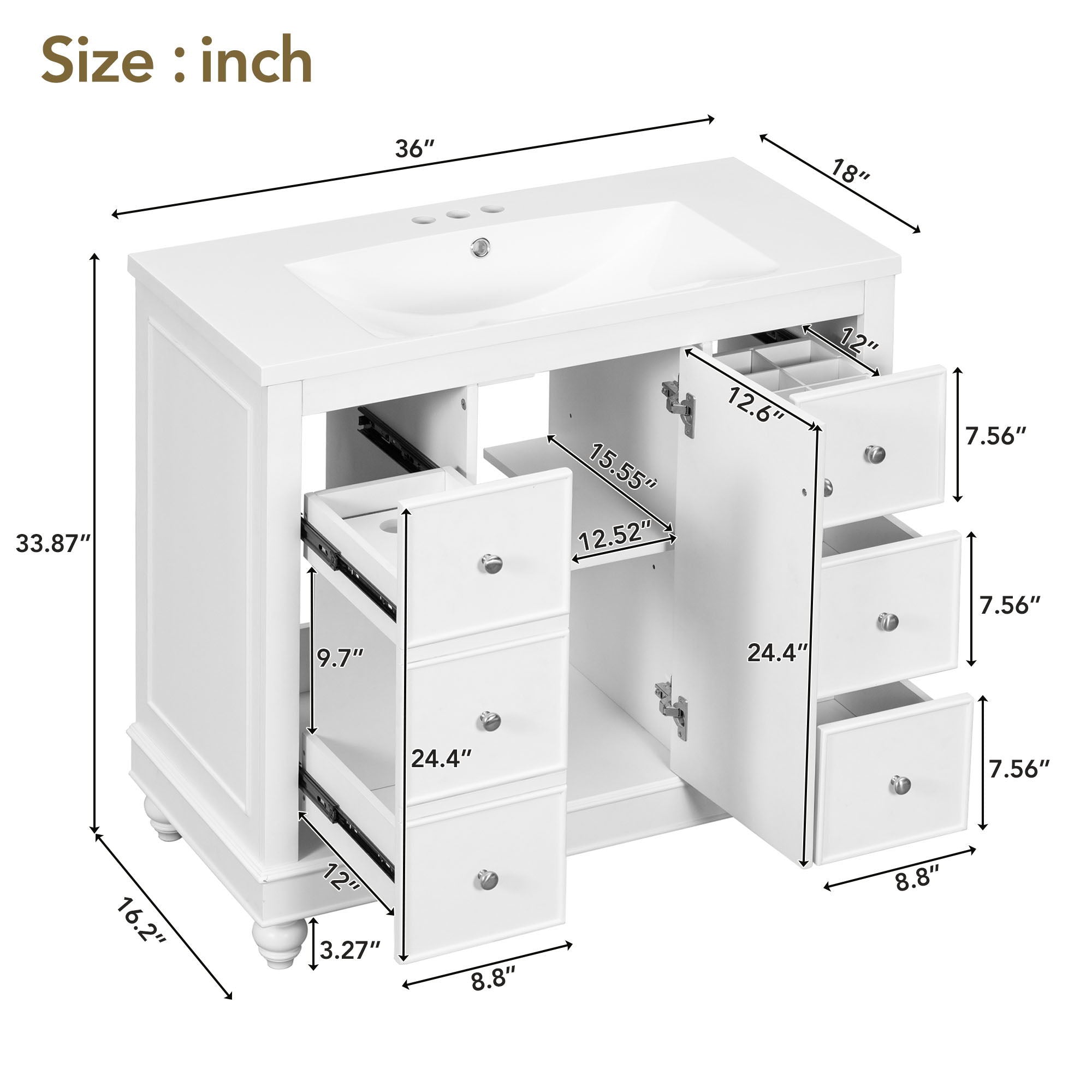 Contemporary Bathroom Vanity Cabinet, 4 Drawers & 1 Cabinet Door, Multipurpose Storage, Resin Integrated Sink, Adjustable Shelves, Solid Wood Frame With MDF