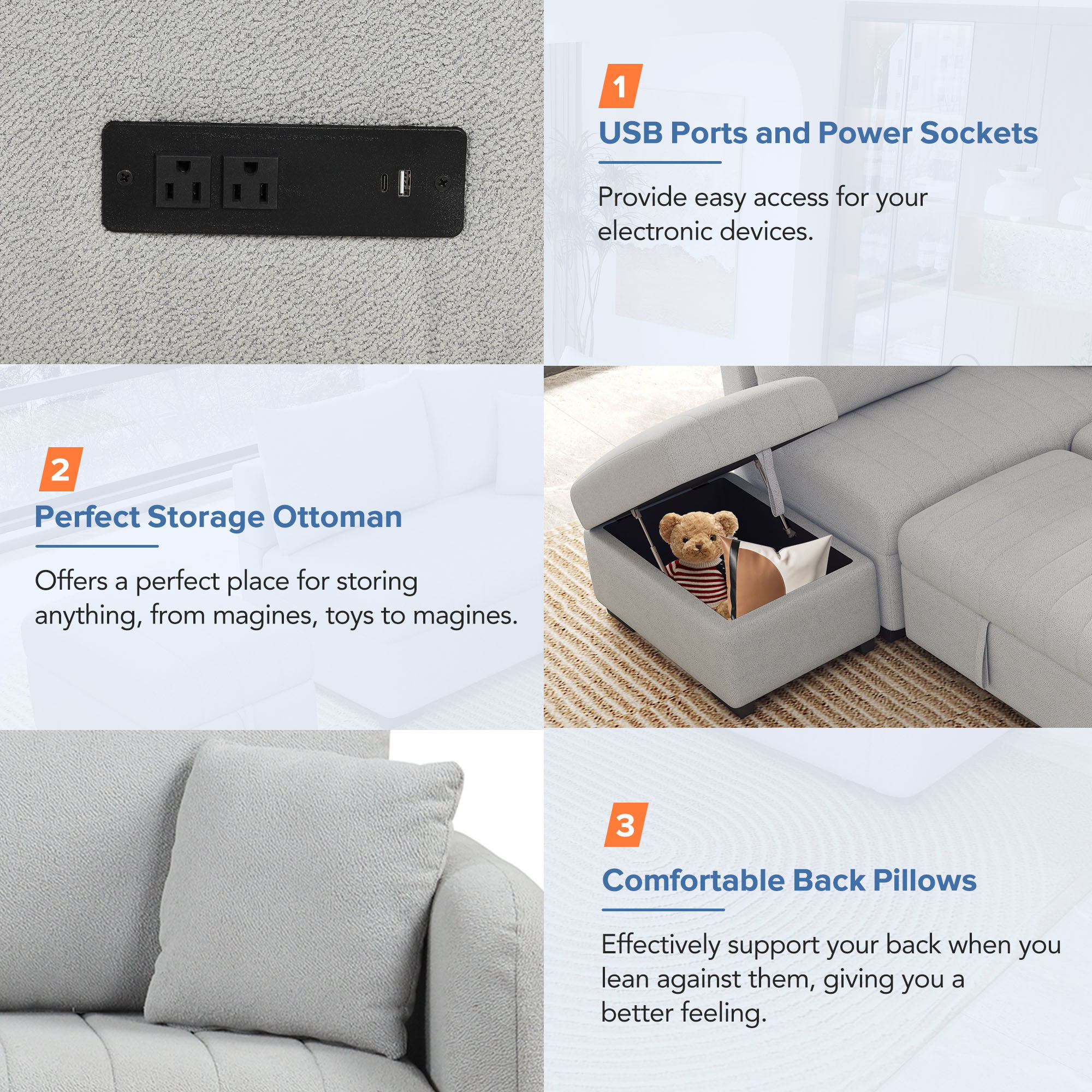 L-Shaped Sectional Pull Out Sofa Bed Sleeper Sofa With Two USB Ports, Two Power Sockets And A Movable Storage Ottoman