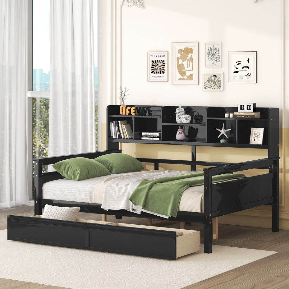 Daybed, Wood Slat Support, With Bedside Shelf And Two Drawers