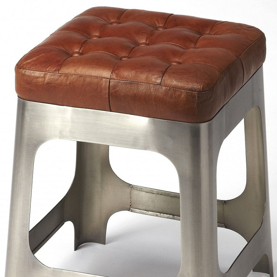 Leather And Iron Backless Bar Chair - Brown / Silver