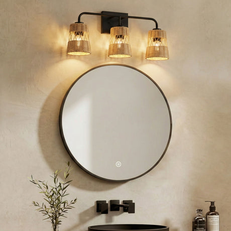 Moonlit - 3 Lights Wall Sconce With Shade, Bathroom Lighting Fixtures Over Mirror - Black / Rattan - view 5