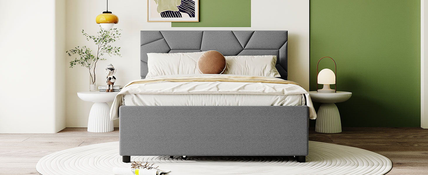 Upholstered Platform Bed With Brick Pattern Headboard And Twin Size Trundle, Linen