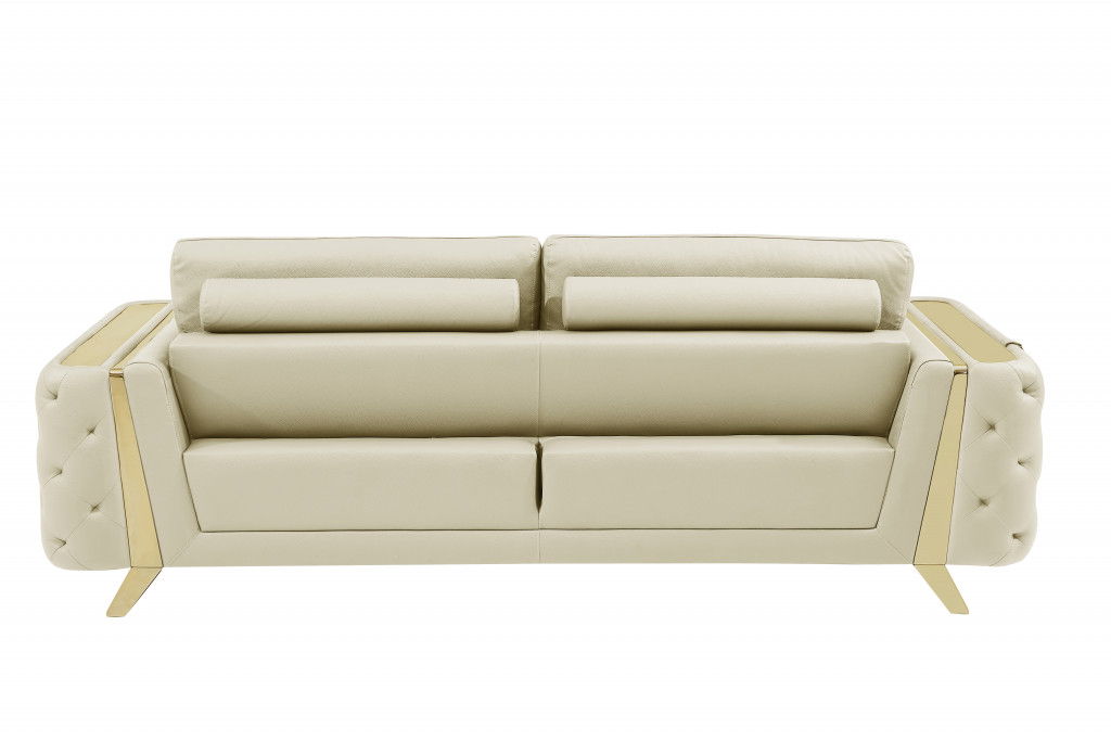 Italian Leather Sofa With Silver Legs - Beige