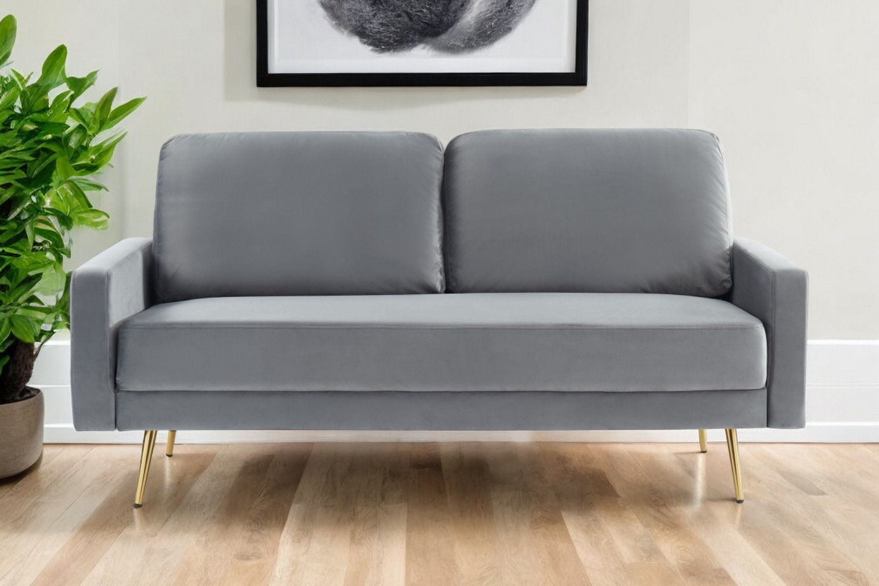 Velvet Sofa With Brass Legs - Gray