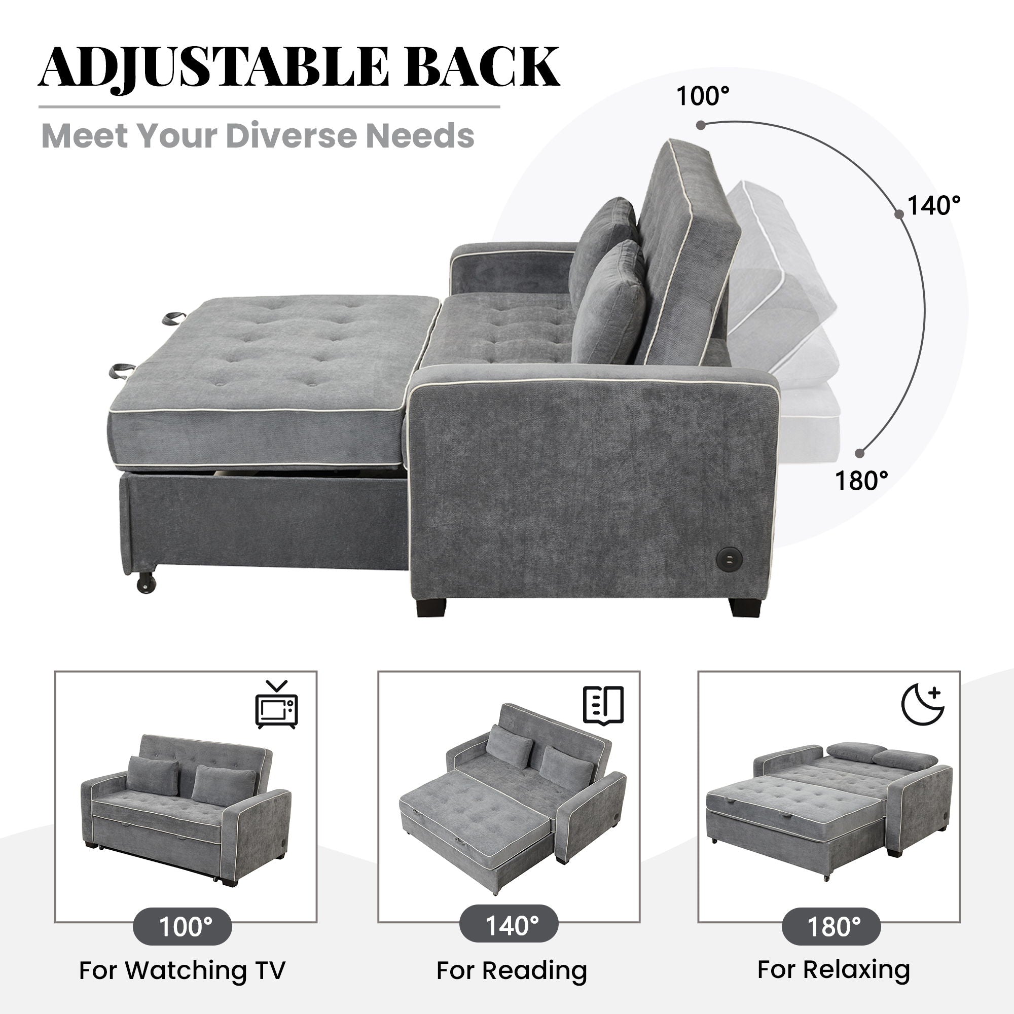 Upholstered Sleeper Bed, Pull Out Sofa Bed Couch Attached Two Throw Pillows, Dual USB Charging Port And Adjustable Backrest