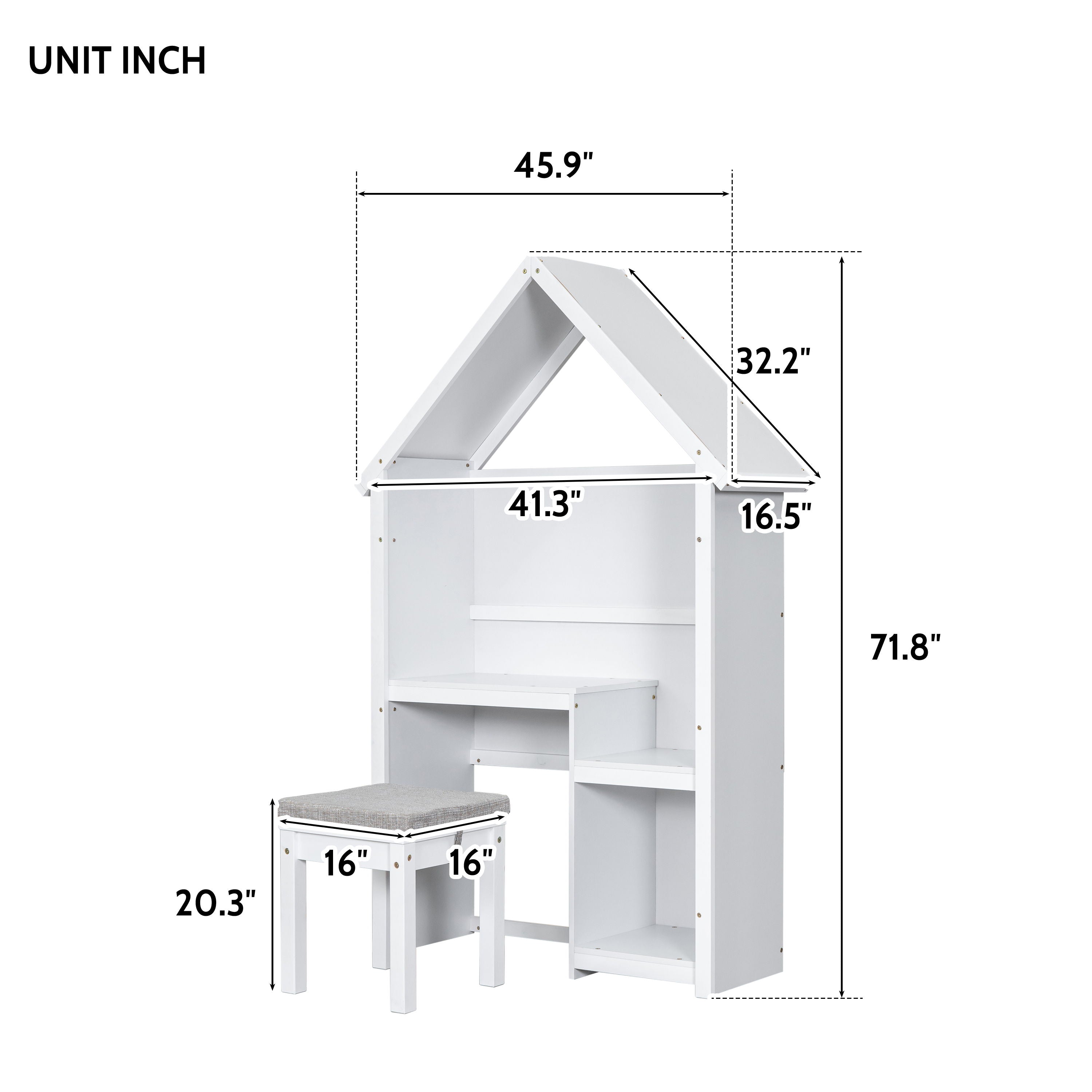 House-Shaped Kids Desk With A Cushion Stool, House-Style Desk And Stool Set