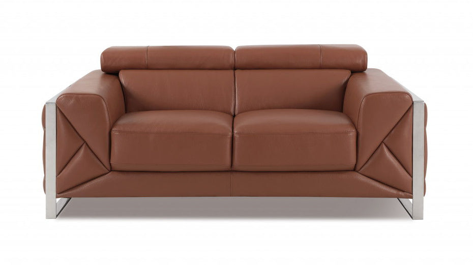 Italian Leather Loveseat - Camel / Silver