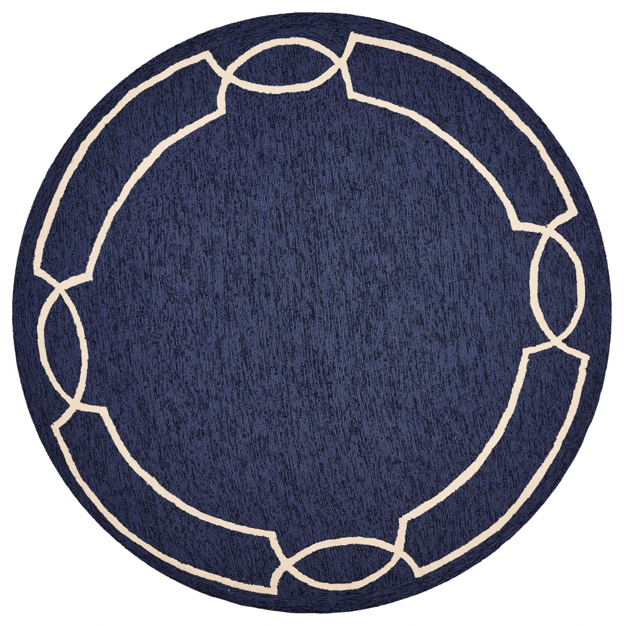 7' Hand Hooked UV Treated Bordered Round Indoor / Outdoor Area Rug - Ocean Blue