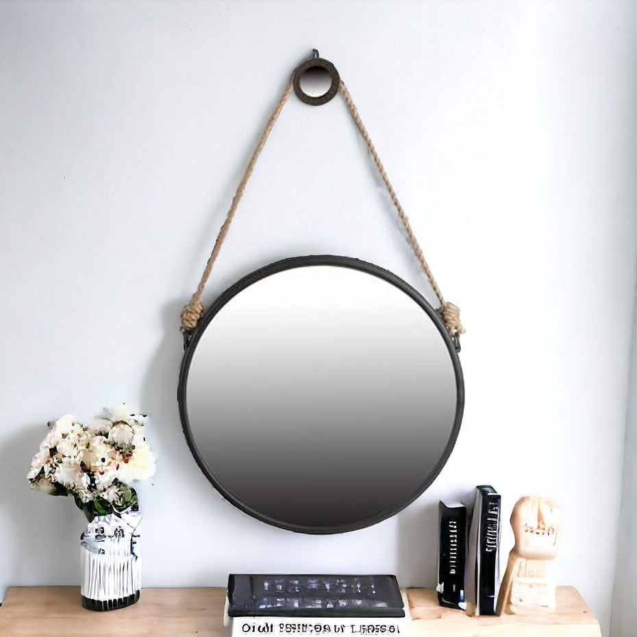 30" Fame Round Wall Hanging Accent Mirror With Rope - Black