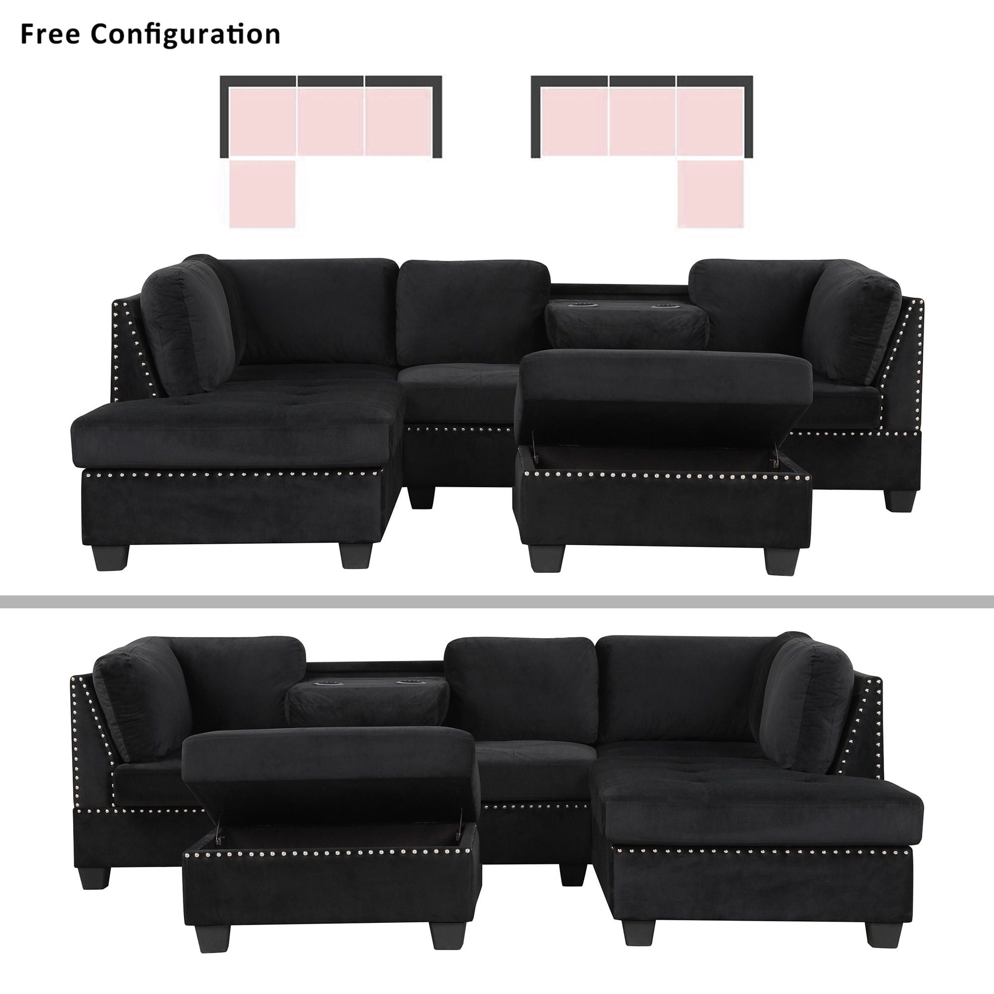 Reversible Sectional Sofa Space Saving With Storage Ottoman Rivet Ornament L-Shape Couch For Small Or Large Space Dorm Apartment