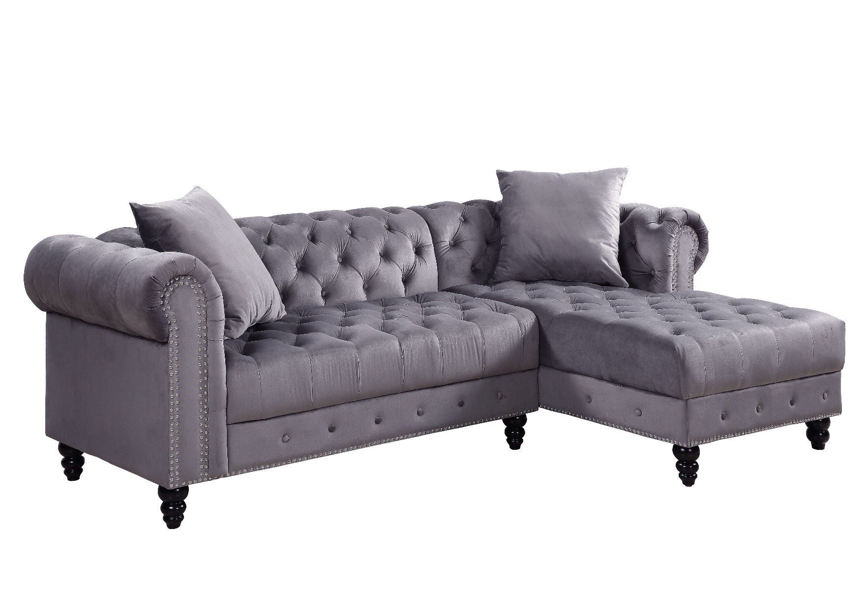 Velvet L Shaped Sofa And Chaise Sectional And Toss Pillows - Gray