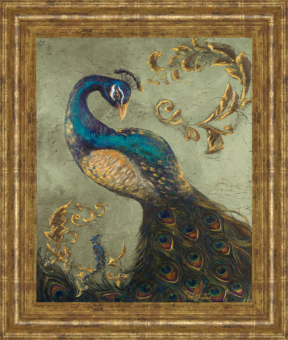 22x26 Peacock On Sage Il By Tiffany Hakimipour - Framed Print Wall Art - Blue