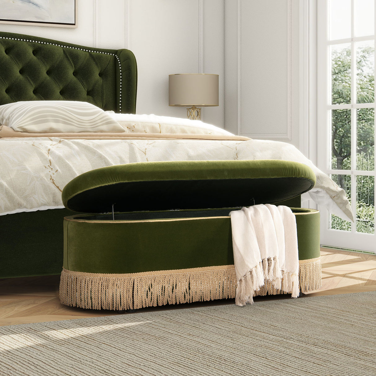 Melinda - Oval Tufted Bullion Fringe Storage Bench by Jennifer Taylor Home | Bel Furniture