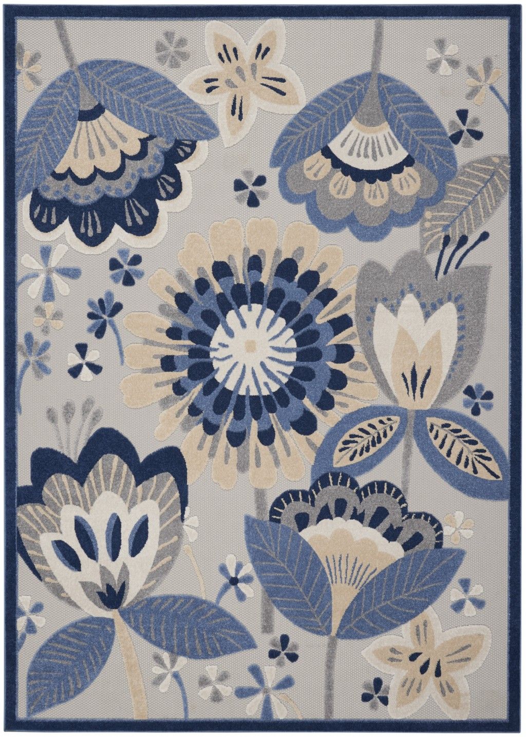 8' X 11' Floral Indoor & Outdoor Area Rug - Blue / Gray