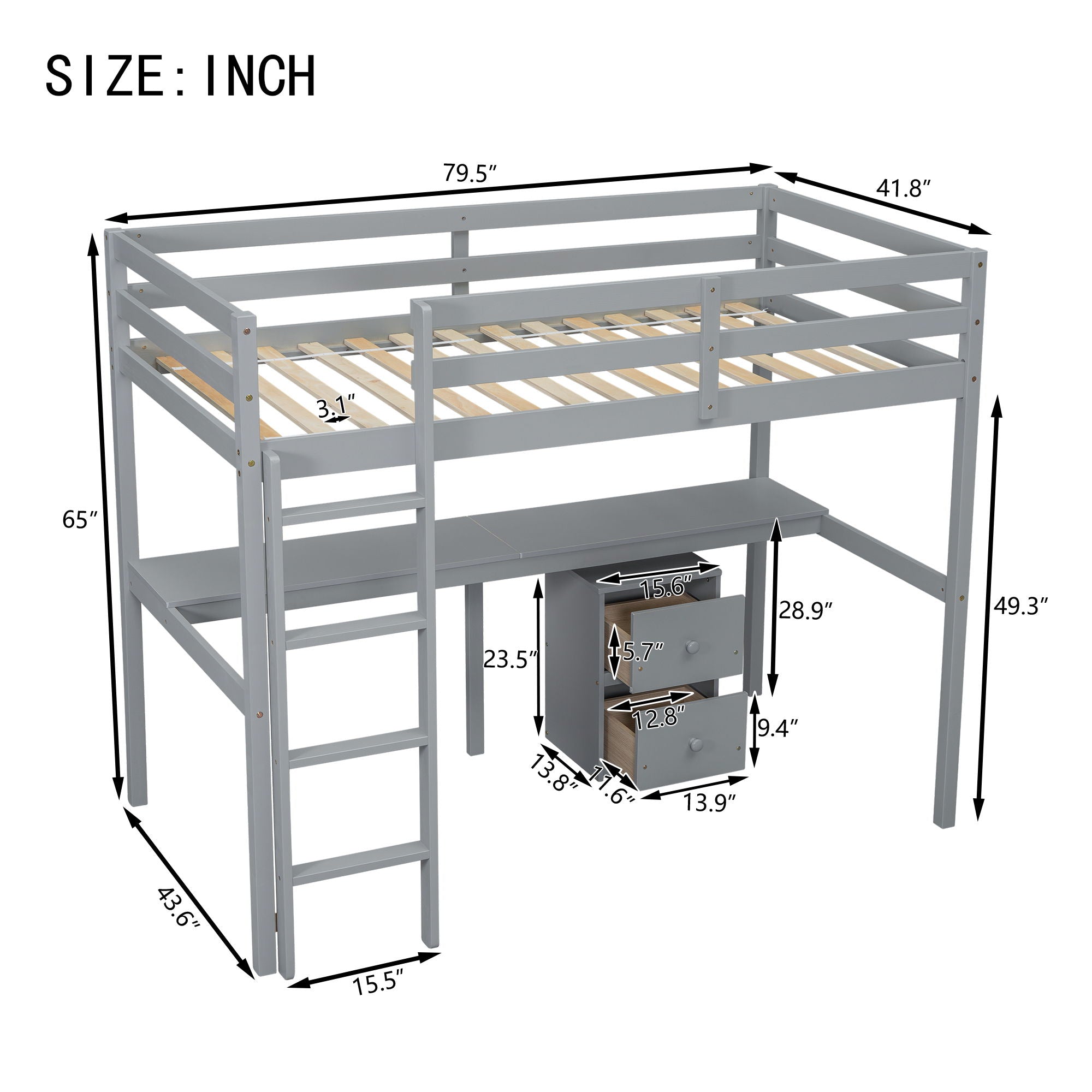 Loft Wood Bed With Under-Bed, Built-In Desk, A Storage Cabinet Of 2 Drawers, Guardrails, Ladder