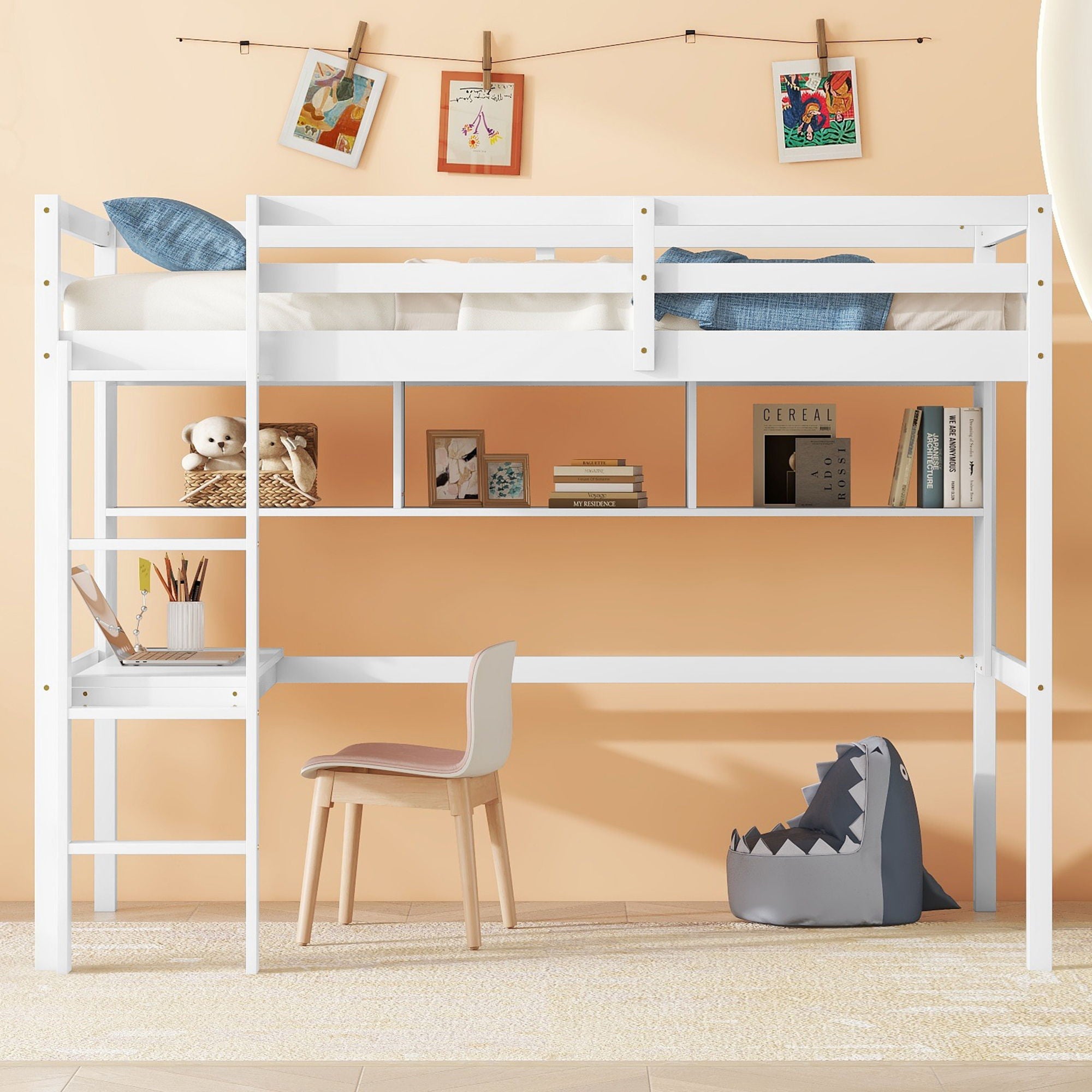 Loft Bed With Desk And Shelves, Safety Guardrail And Ladder