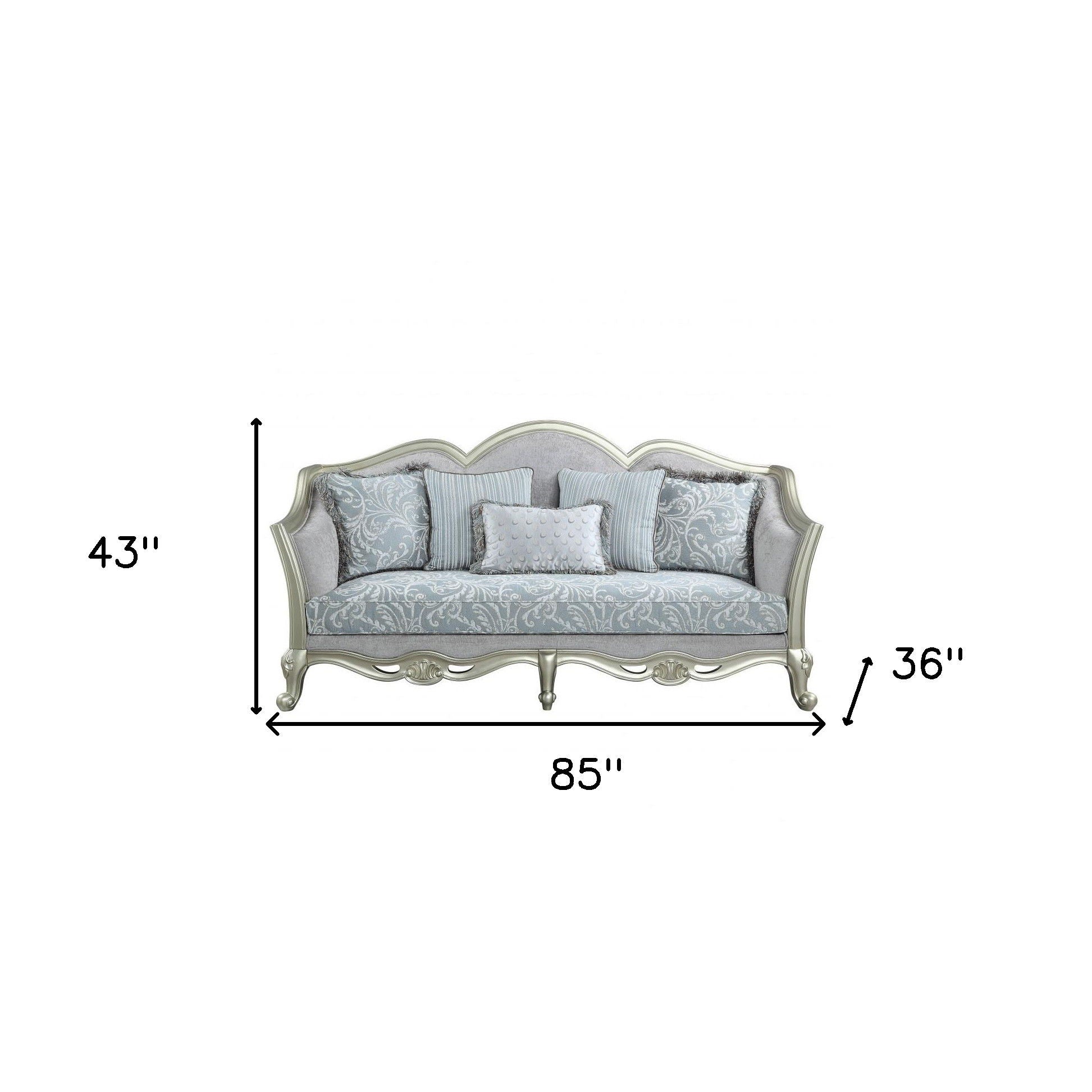 Linen Damask Sofa And Toss Pillows With Champagne Legs - Light Gray