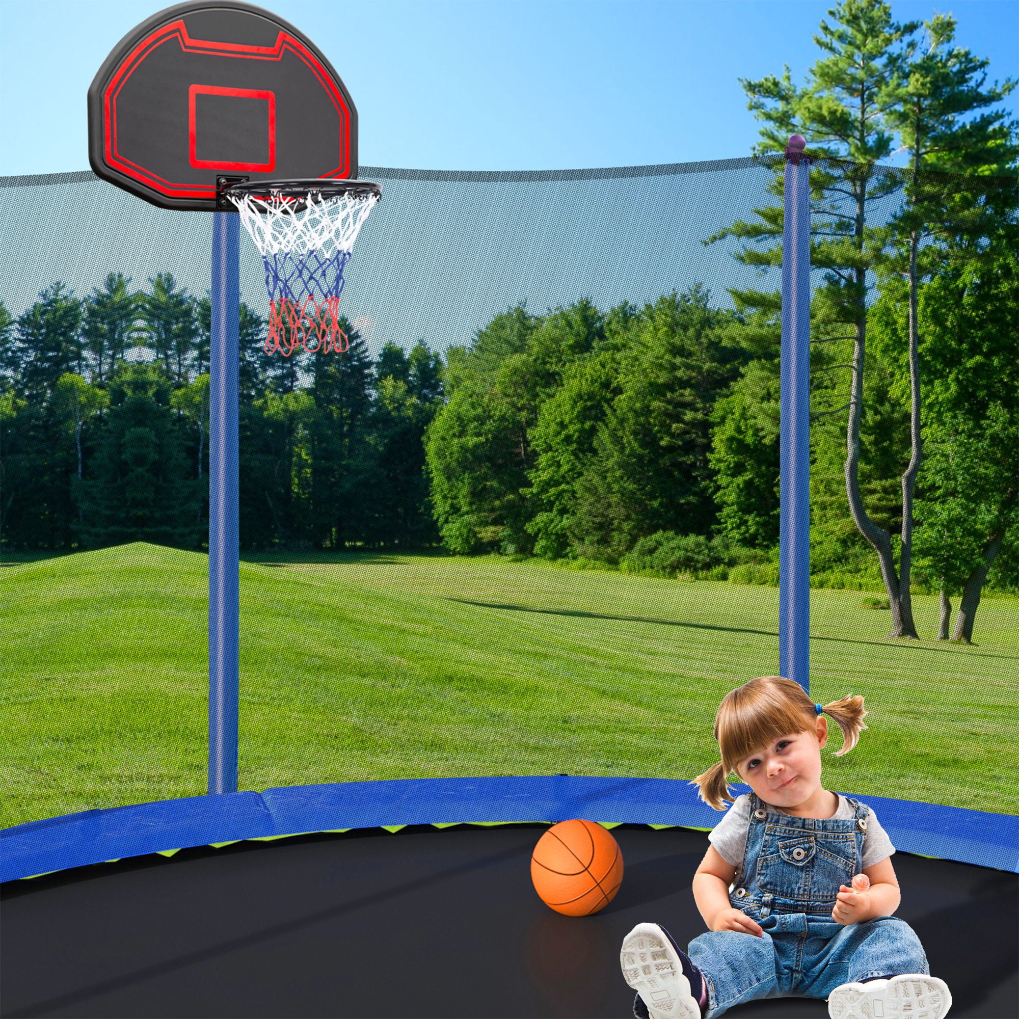 15Ft Trampoline With Basketball Hoop Inflator And Ladder (Inner Safety Enclosure)