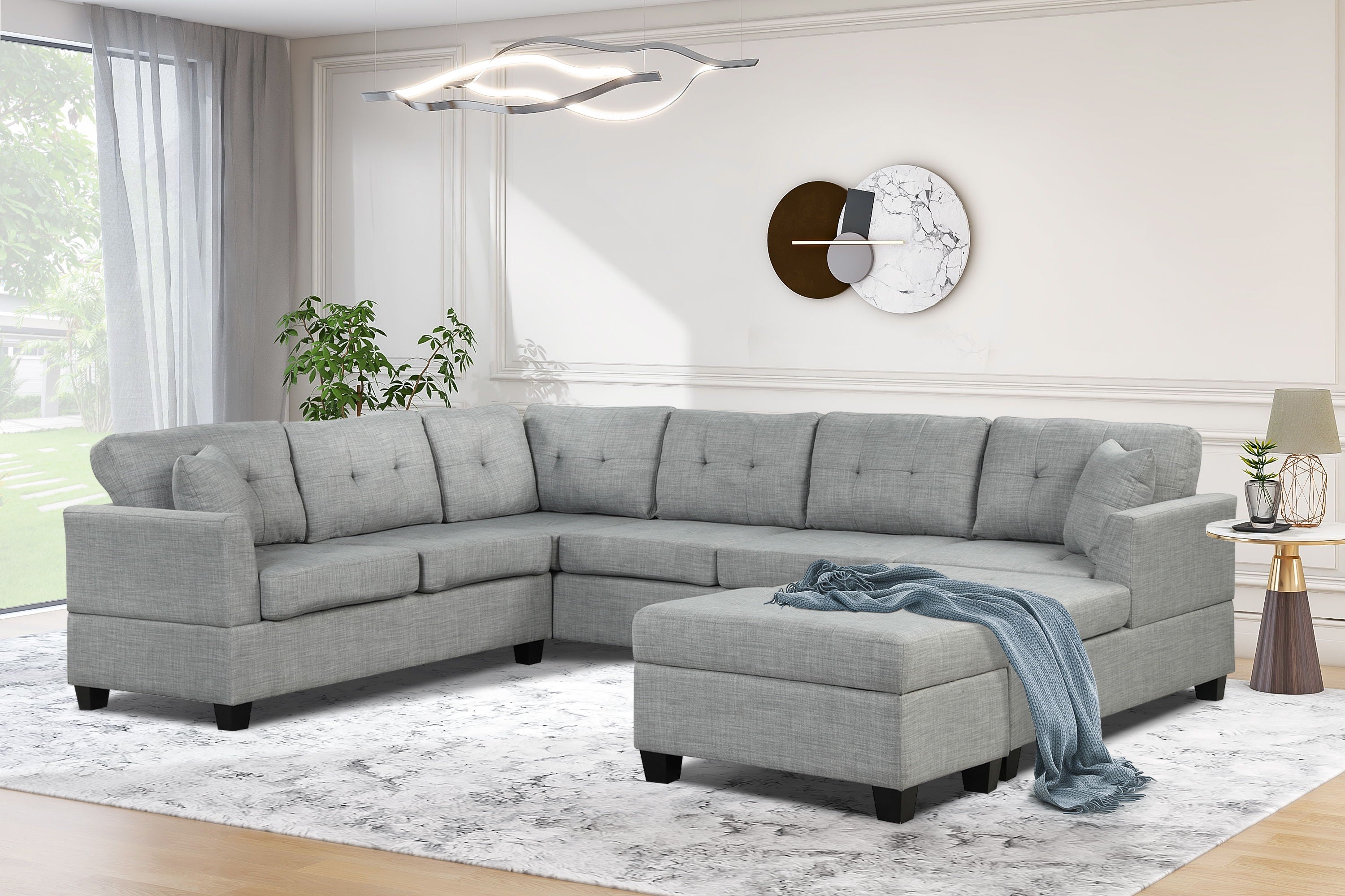 Oversized Sectional Sofa With Storage Ottoman, U-Shaped Sectional Couch With 2 Throw Pillows For Large Space Dorm Apartment