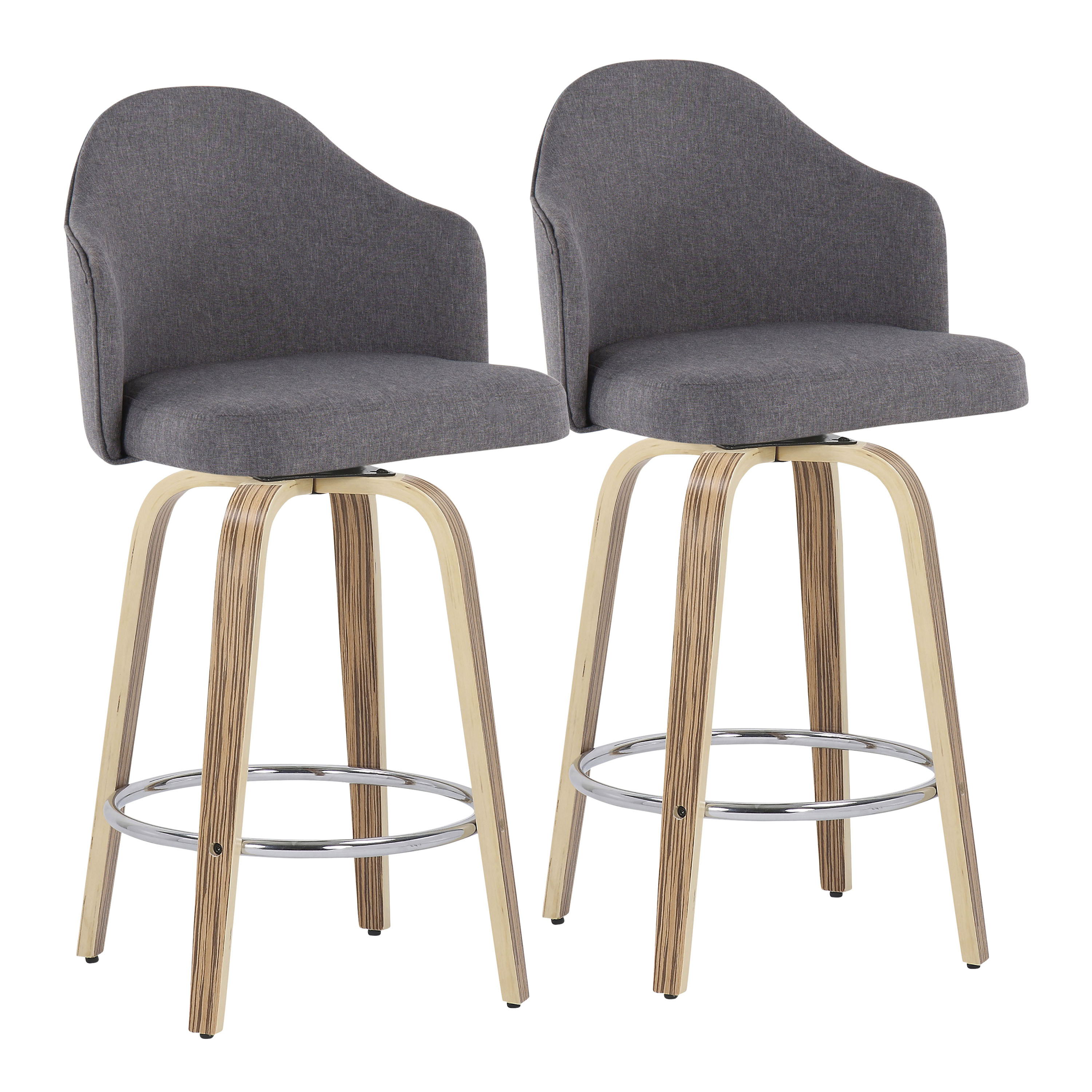 Ahoy - Mid-Century Modern Fixed Height Counter Stool With Zebra Legs / Round Chrome Footrest (Set of 2) - Gray