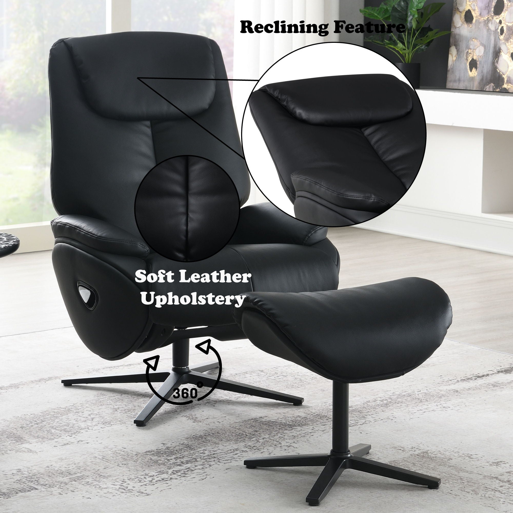 Labotina - Top Grain Leather Accent Chair With Swivel & Ottoman - Black