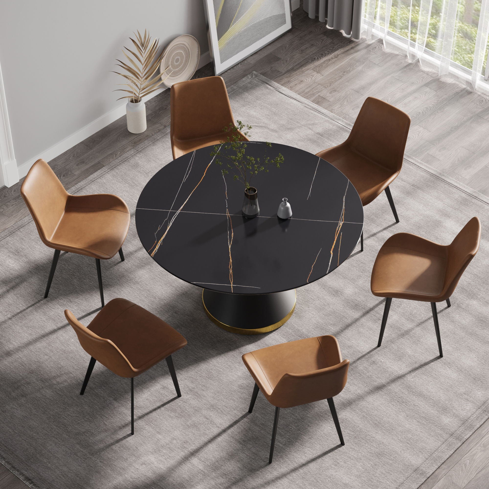 Modern Artificial Stone Round Carbon Steel Base Dining Table, Can Accommodate 6 People - Black