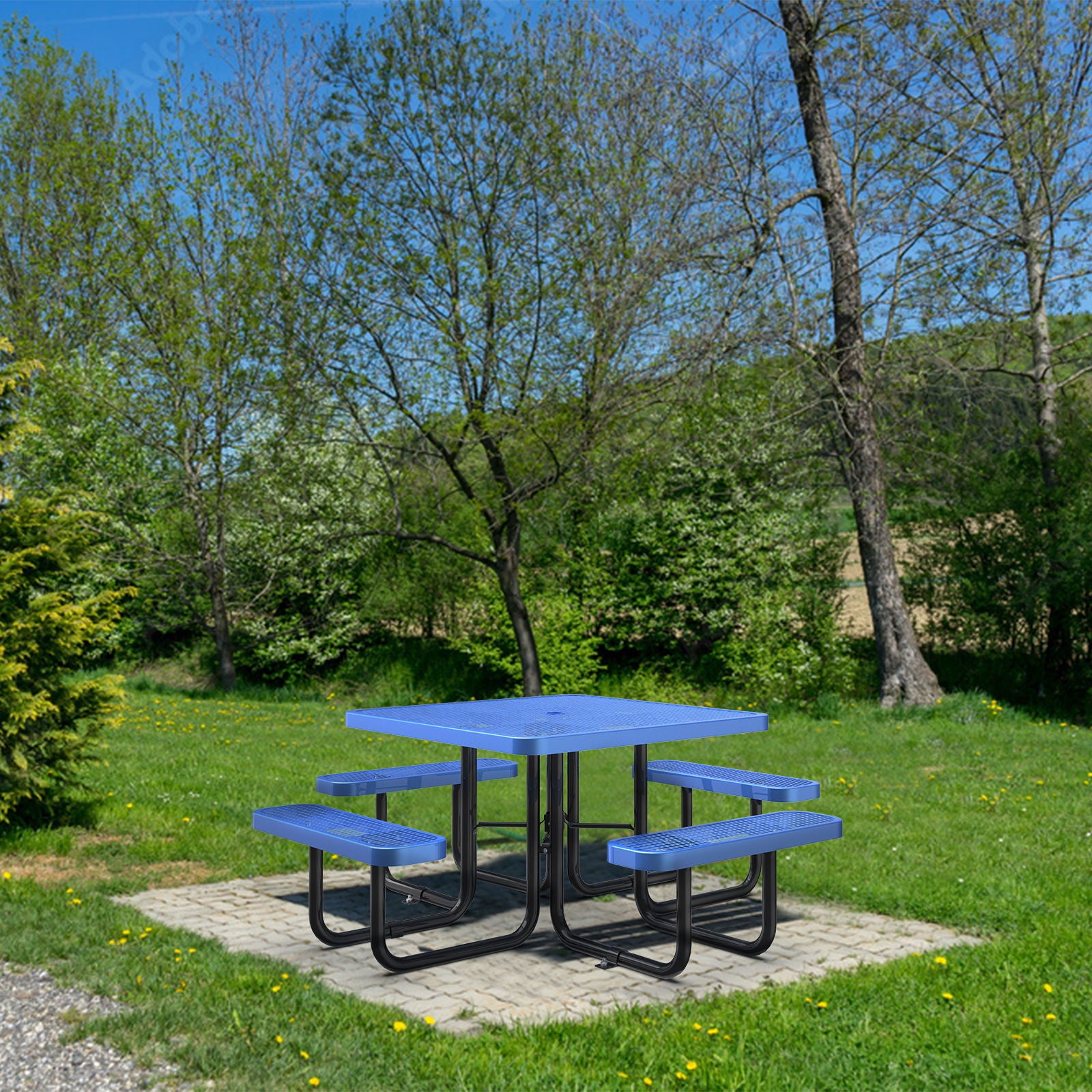 Square Outdoor Steel Picnic Table, With Umbrella Pole - Blue