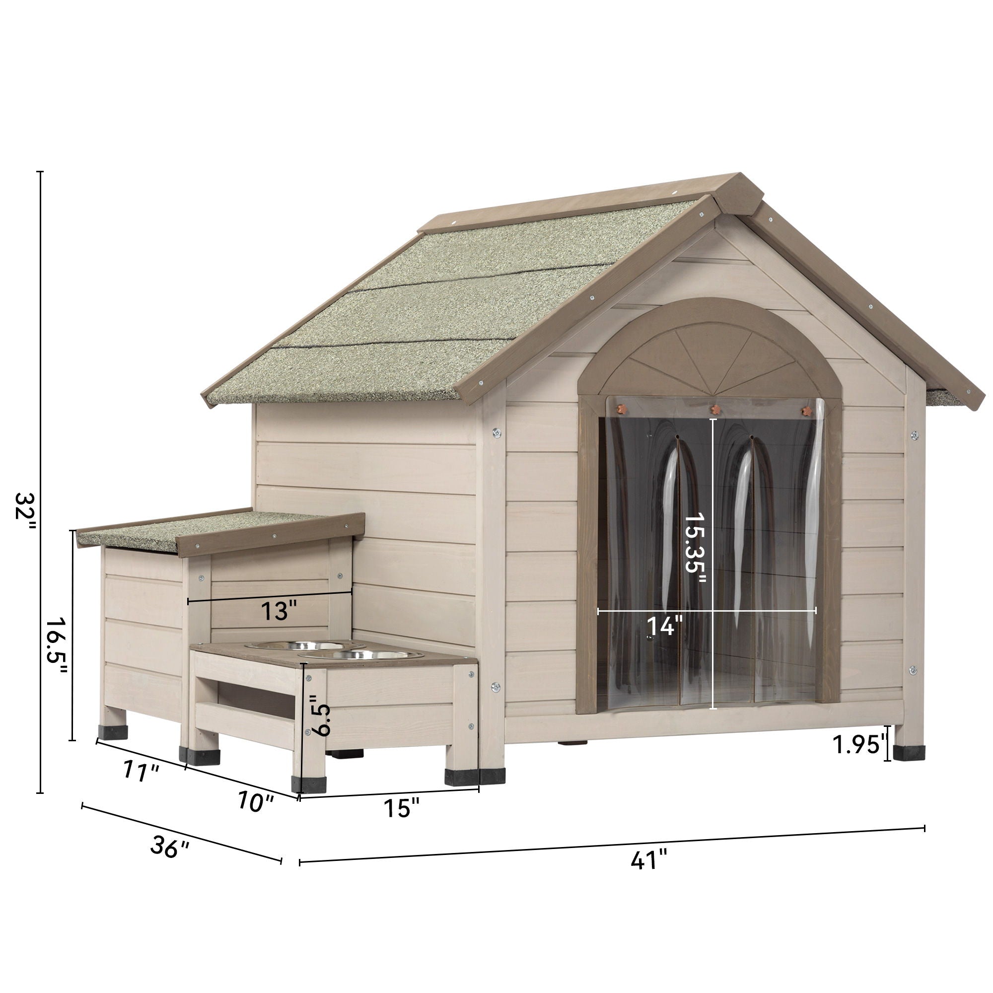 Outdoor Fir Wood Dog House With An Open Roof Ideal For Small To Medium Dogs, With Storage Box, Elevated Feeding Station With 2 Bowls. Weatherproof Asphalt Roof And Treated Wood - Cream