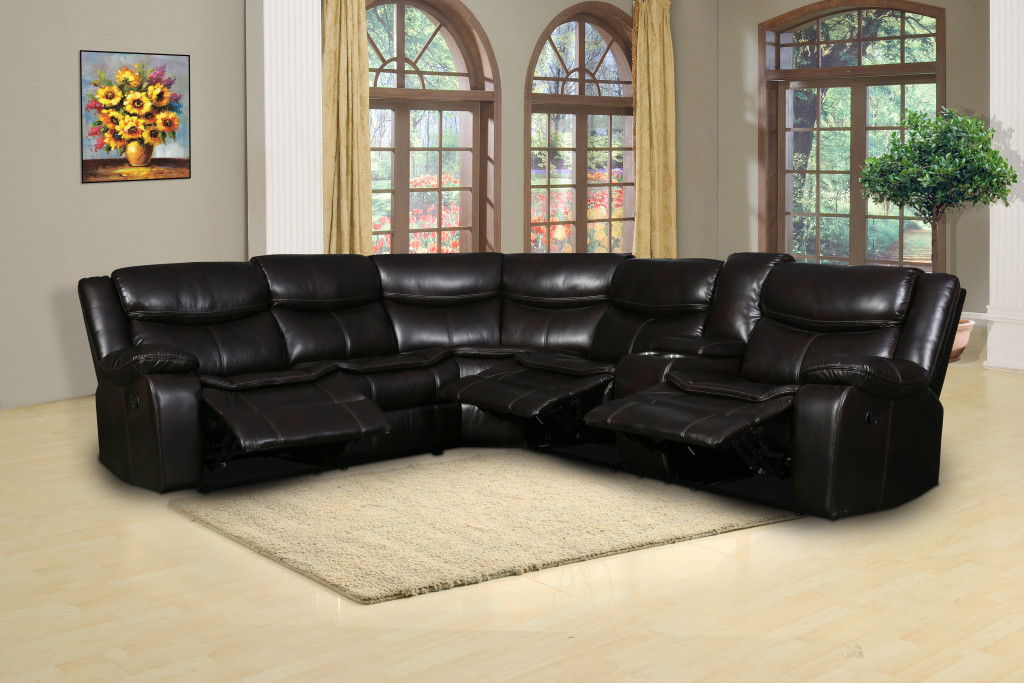 Polyester Blend Reclining U Shaped Three Piece Corner Sectional With Console - Brown